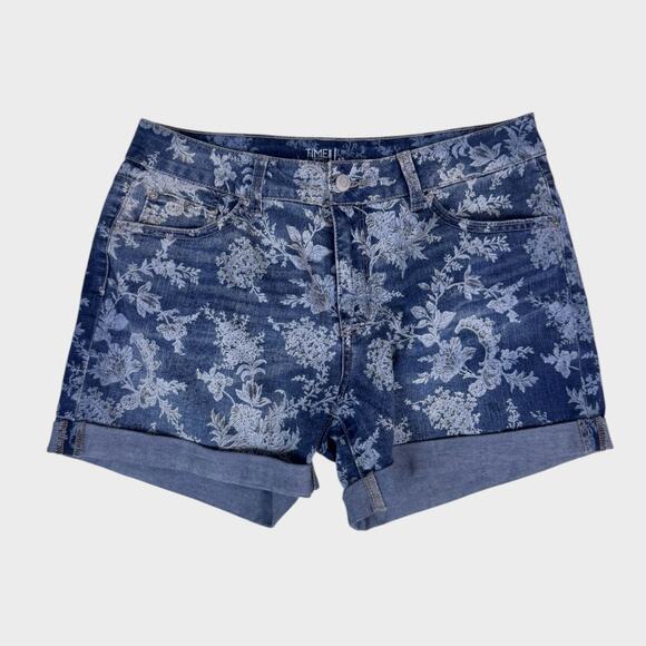Time and Tru Mid Rise Size 12 Blue Floral Denim Cuffed Shorts - Picture 1 of 9